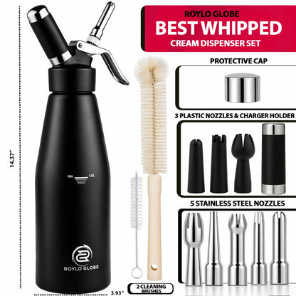 Professional 1000ml Whipped Cream Dispenser – Heavy Duty Aluminum Cream Whipper with 8 Decorating Nozzles & Cleaning Brushes (Large Capacity)