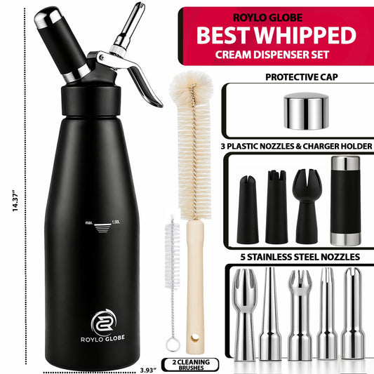 Professional 1000ml Whipped Cream Dispenser – Heavy Duty Aluminum Cream Whipper with 8 Decorating Nozzles & Cleaning Brushes (Large Capacity)
