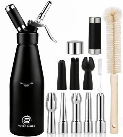 Professional 1000ml Whipped Cream Dispenser – Heavy Duty Aluminum Cream Whipper with 8 Decorating Nozzles & Cleaning Brushes (Large Capacity)
