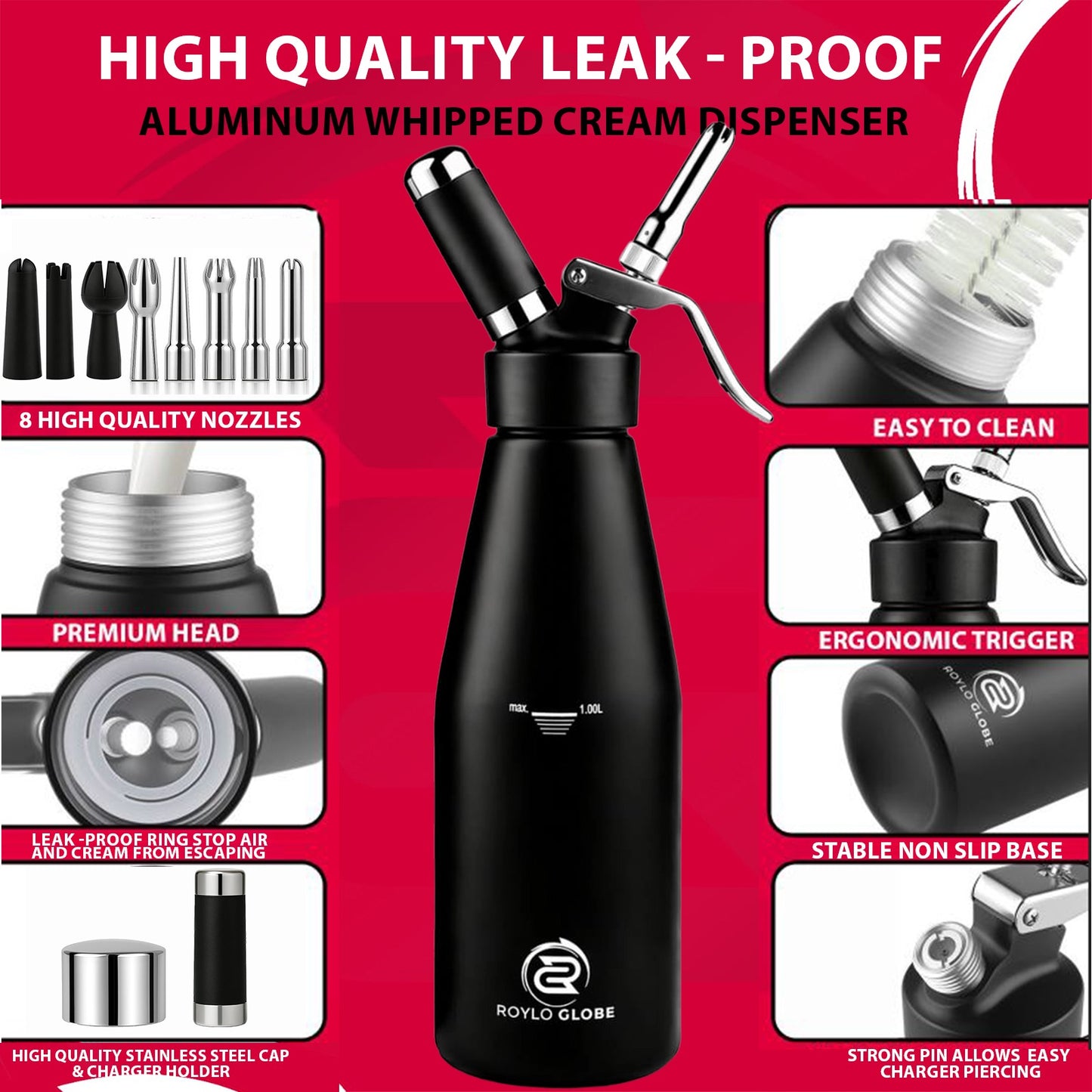 Professional 1000ml Whipped Cream Dispenser – Heavy Duty Aluminum Cream Whipper with 8 Decorating Nozzles & Cleaning Brushes (Large Capacity)