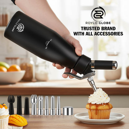 Professional 1000ml Whipped Cream Dispenser – Heavy Duty Aluminum Cream Whipper with 8 Decorating Nozzles & Cleaning Brushes (Large Capacity)
