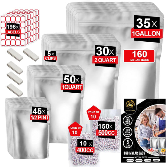 160 Mylar bags kit in 4 sizes with 160 oxygen absorbers, 196 labels and clips by Roylo Globe