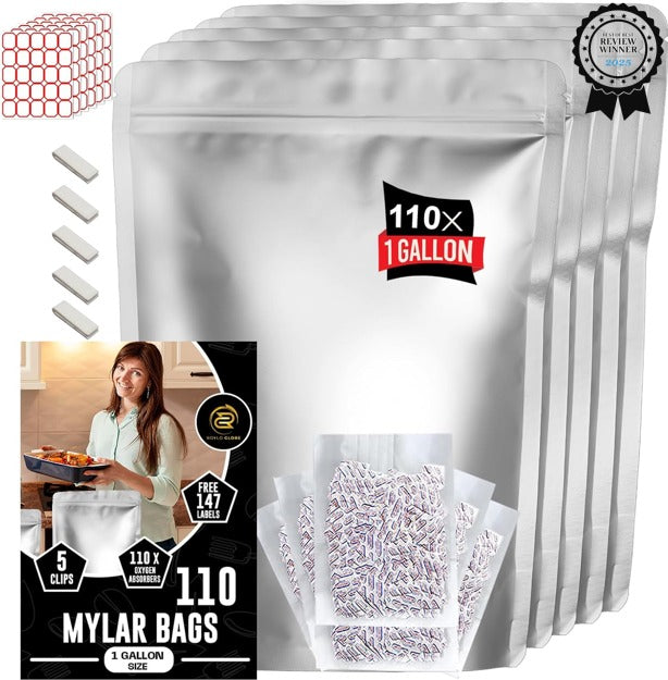 1 Gallon Mylar Food Storage Bags – 110 Pack with 500cc Oxygen Absorbers, Labels & Clips (10 Mil, Resealable & Heat-Sealable)