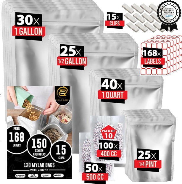 120 Mylar Bags with Oxygen Absorbers – Airtight Resealable Food Storage Kit (4 Sizes, 11 Mil)